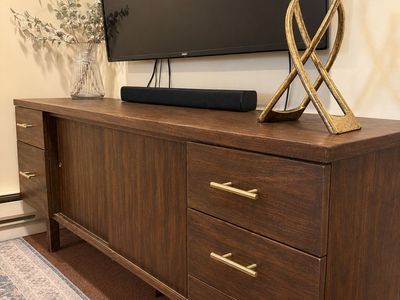 Mid-Century Modern Wood TV Stand Media Console w/ Storage & Gold Handles