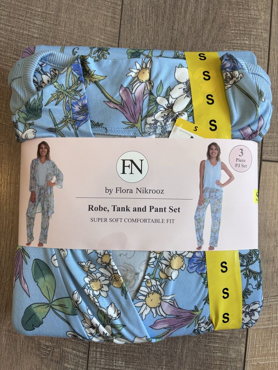 3-Piece PJ Set Robe Tank Pant Floral Blue Small