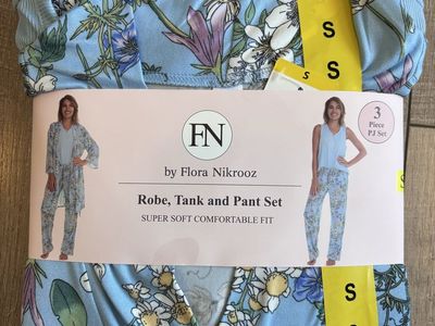 3-Piece PJ Set Robe Tank Pant Floral Blue Small