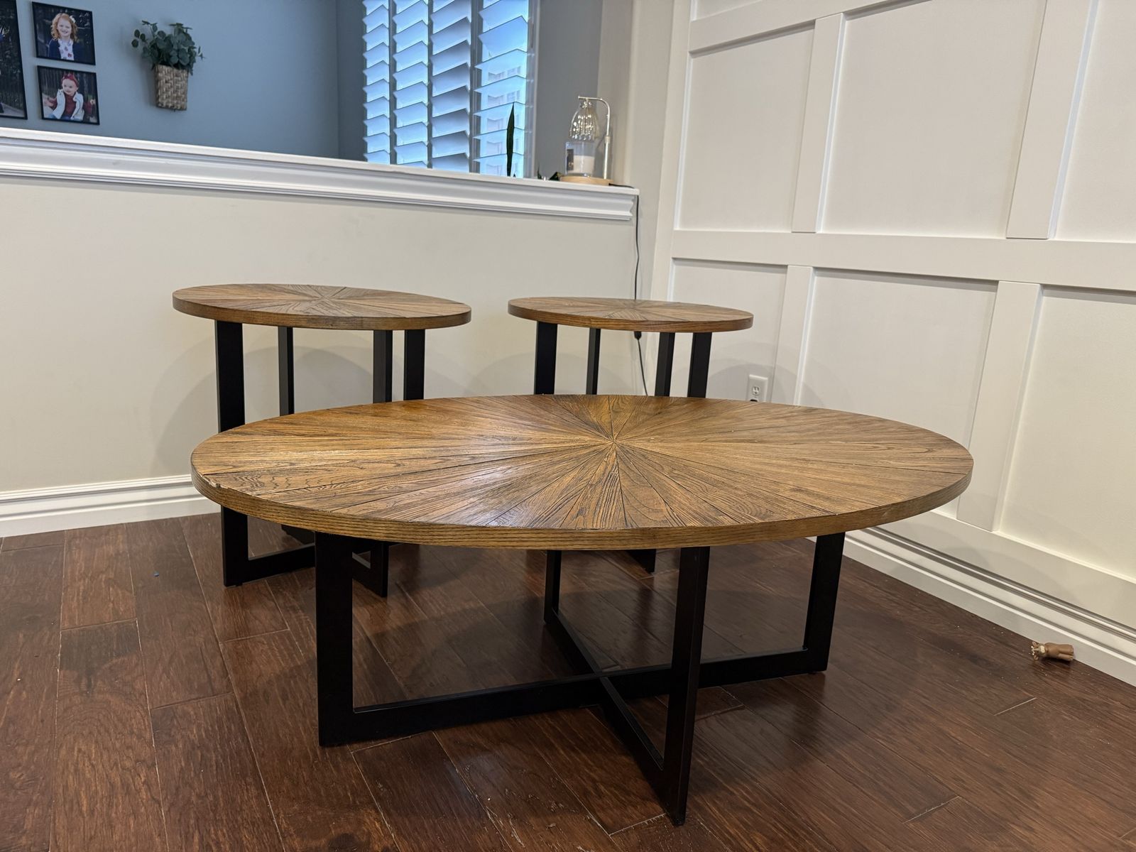 Wooden Coffee Table Set with 2 End Tables - Radial Wood Grain, Black Metal Base
