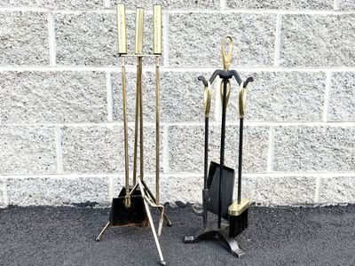 Vintage Mid Century Modern brass fireplace toolset, minimalist styling, MCM hearth