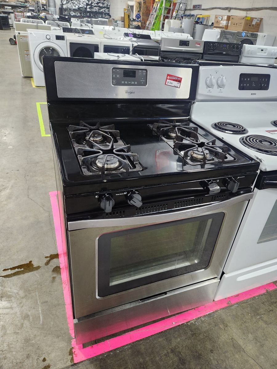 Whirlpool Gas Range Stove Stainless Steel & Black 4-Burner Oven