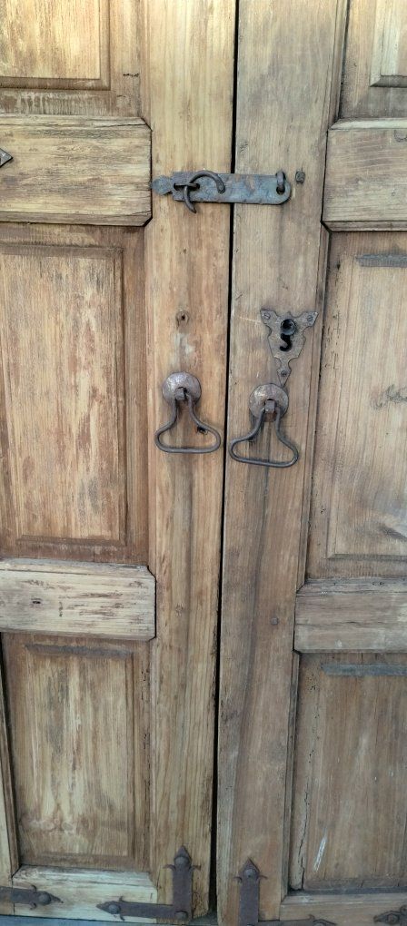Rustic Wooden Armoire Wardrobe Cabinet with Ornate Iron Hardware - Distressed Finish