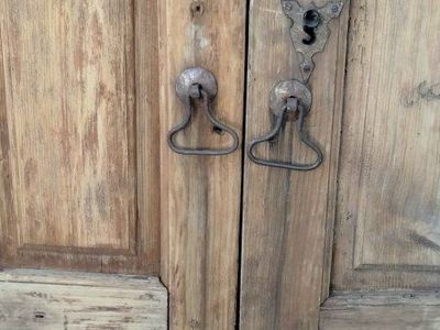 Rustic Wooden Armoire Wardrobe Cabinet with Ornate Iron Hardware - Distressed Finish