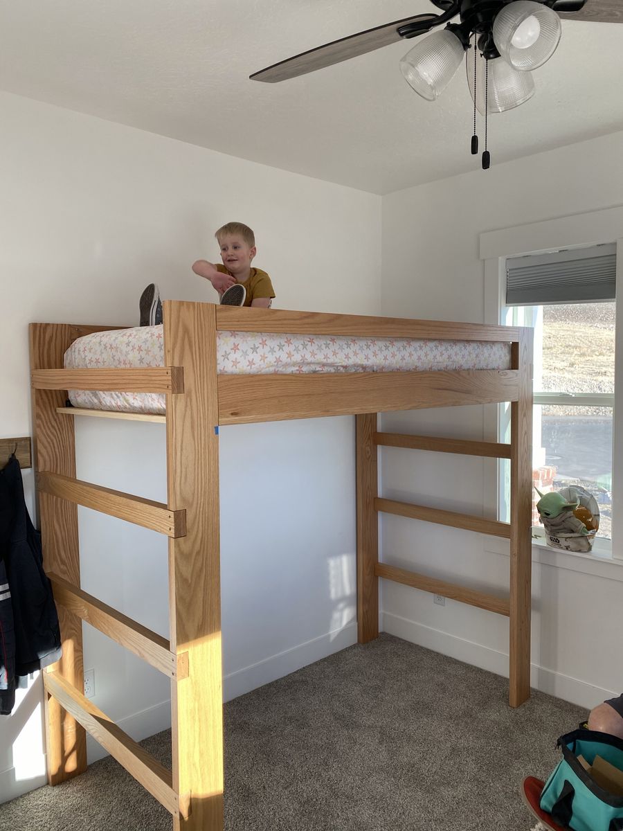 Solid oak Twin Loft Bed Frame with Built-In End Ladders.