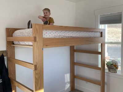 Solid oak Twin Loft Bed Frame with Built-In End Ladders.