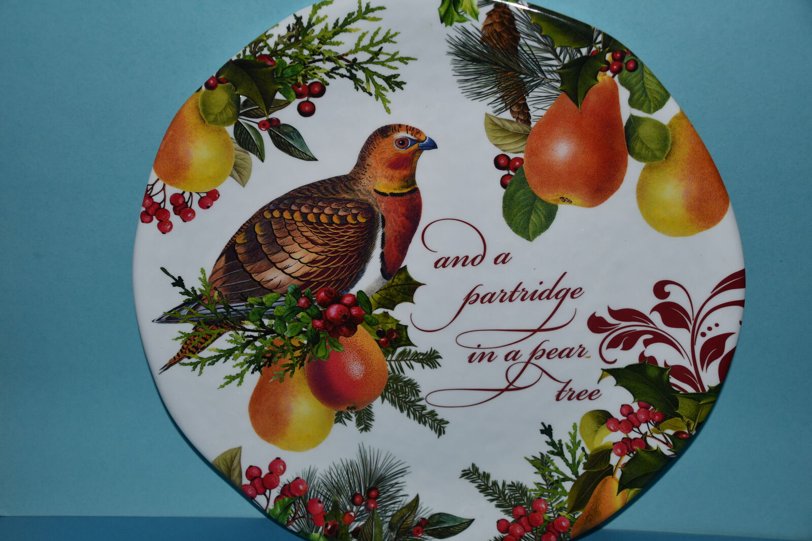 LARGE CHRISTMAS SERVING TRAY ~ A PARTRIDGE IN A PEAR TREE ~ 18" DIAMETER ~ MELAMINE