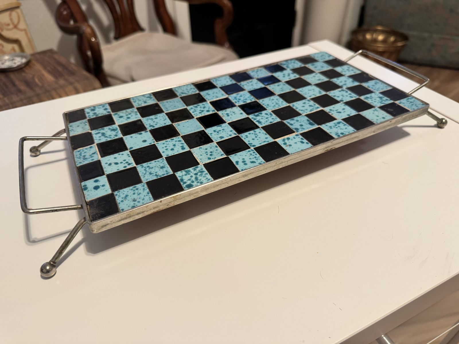 Vintage Mid-Century Modern Blue & Black Tile Trivet/Hot Plate with Chrome Handles