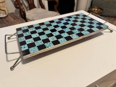 Vintage Mid-Century Modern Blue & Black Tile Trivet/Hot Plate with Chrome Handles