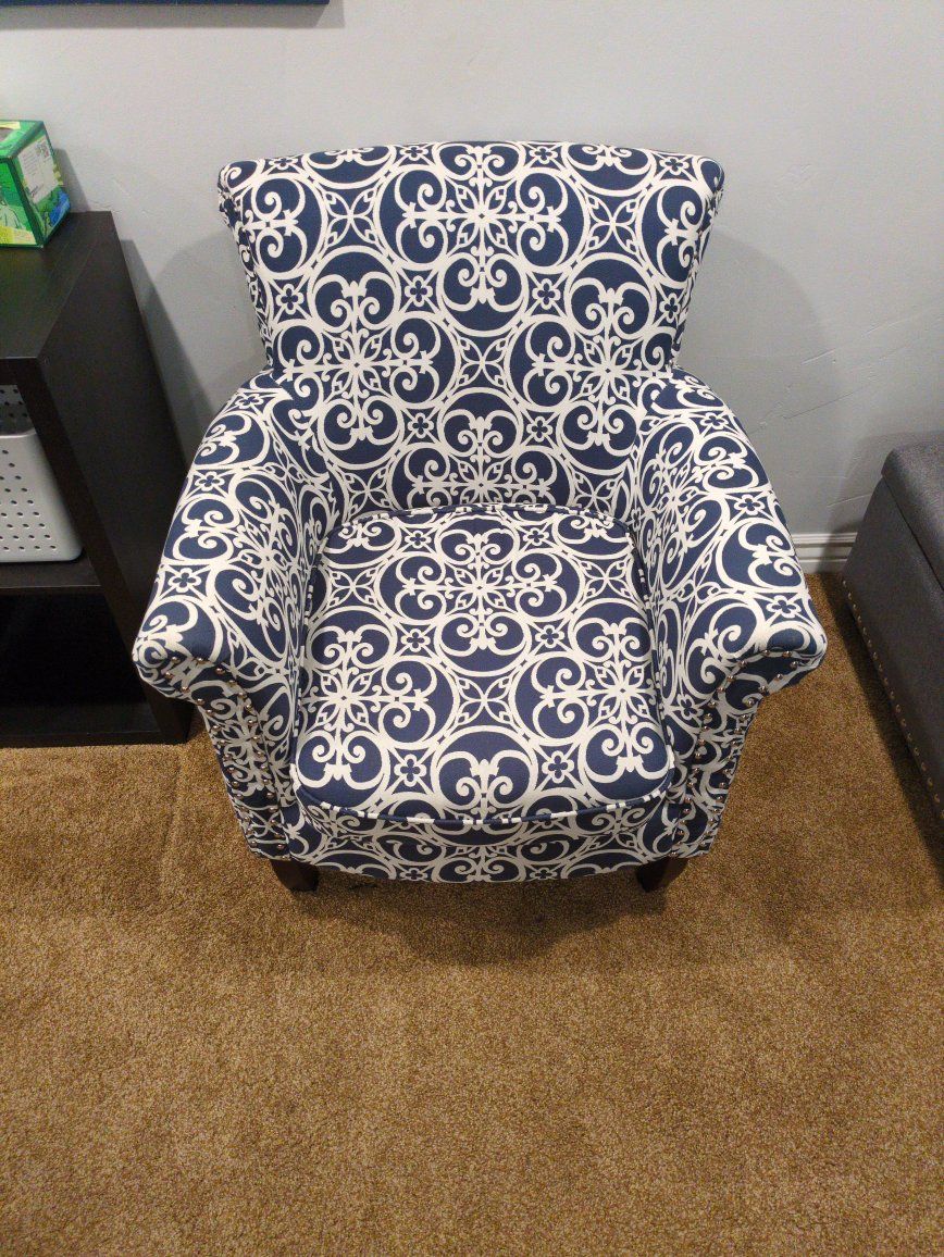Navy Blue & White Patterned Accent Armchair with Nailhead Trim