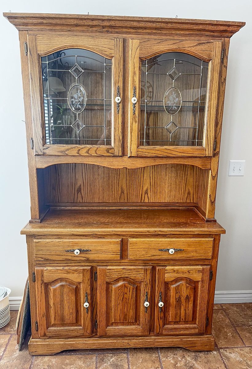 Vintage Two-Piece Solid Oak Wooden Hutch with Glass Display Cabinets