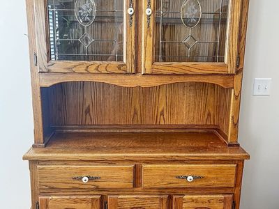 Vintage Two-Piece Solid Oak Wooden Hutch with Glass Display Cabinets