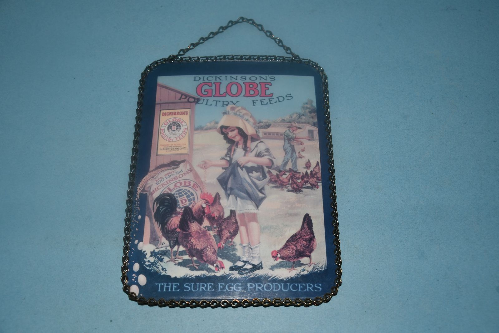 VINTAGE LOOKING "LITTLE GIRL with CHICKENS" PICTURE ~ 6" x 8" ~ CUTE CHAIN EDGING