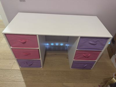 White Wooden Desk with 6 Pink & Purple Fabric Storage Bins