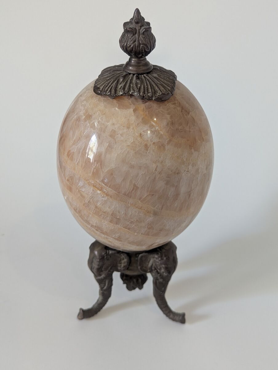 Vintage ALABASTER EGG on Three Legged Brass Elephant Stand with Brass Finial
