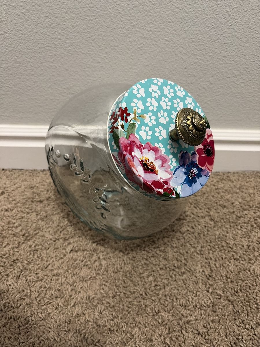 The Pioneer Woman Glass Cookie Jar with Floral Paw Print Lid & Dog Head Knob