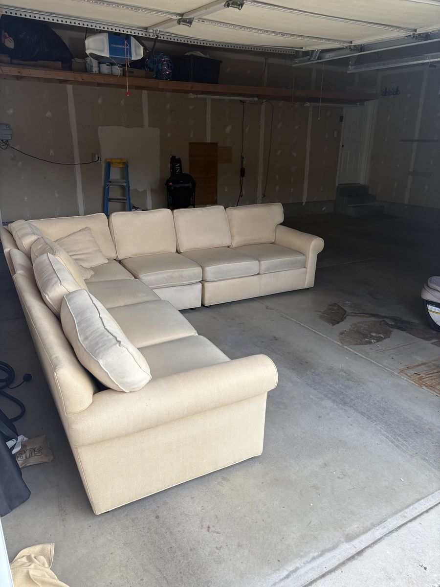 Large Beige Ethan Allen Sectional Sofa with Cushions