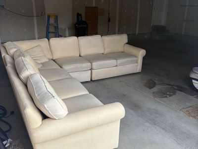 Large Beige Ethan Allen Sectional Sofa with Cushions