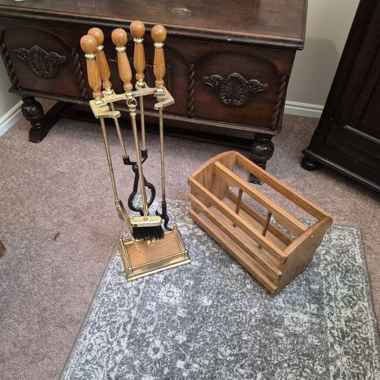 Vintage Brass & Wood Fireplace Tool Set with Wooden Log Holder 5-Piece Stand & Tools