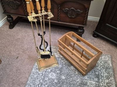 Vintage Brass & Wood Fireplace Tool Set with Wooden Log Holder 5-Piece Stand & Tools