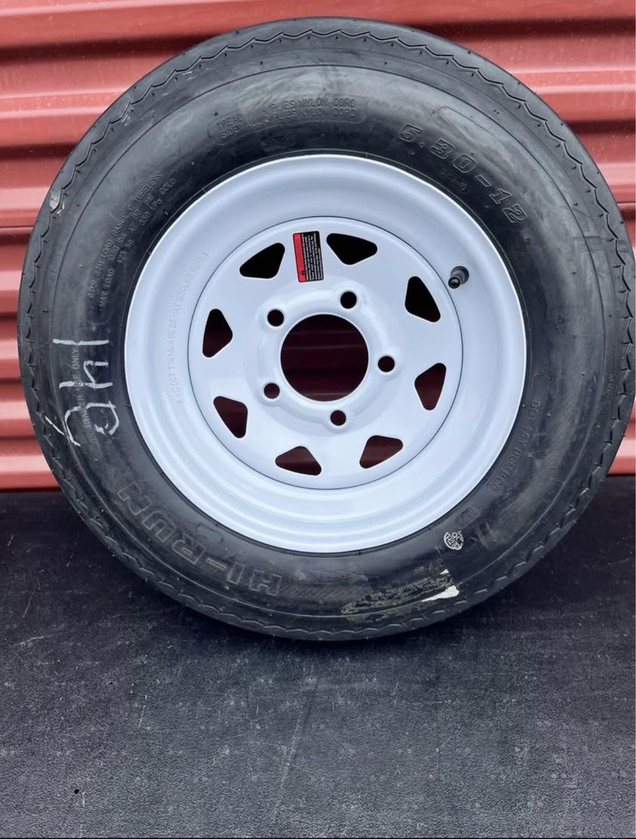 Brand New Hi Run ST 5.30-12 Trailer Tire Mounted on New White Wheel 5 on4.5 Pattern