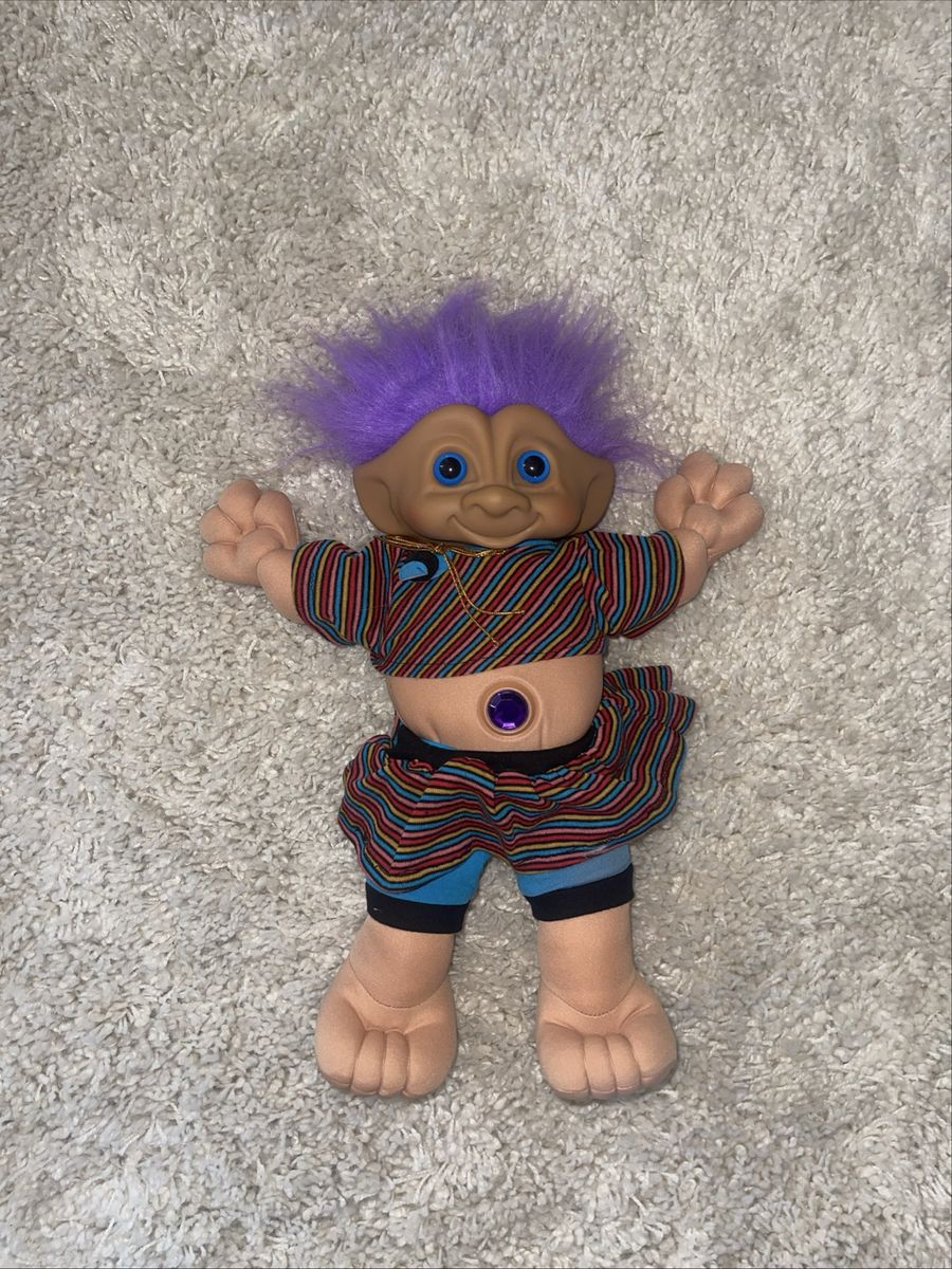 Vintage Ace Novelty 16” Troll Purple Hair Jewel Belly Stripe Outfit Posable 1990Q