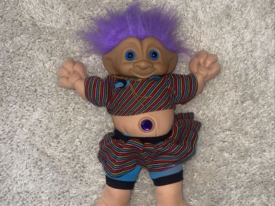 Vintage Ace Novelty 16” Troll Purple Hair Jewel Belly Stripe Outfit Posable 1990Q
