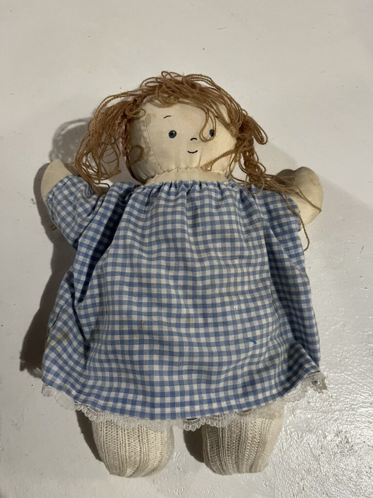 Homemade rag doll gingham dress 12” tall.