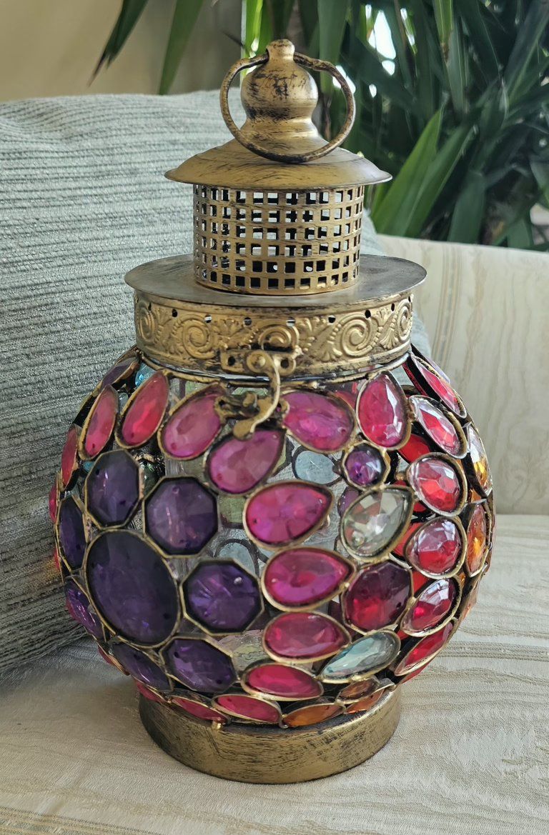 Decorative Jewel-Studded Metal Lantern - Multicolored Gemstone Accent
12"Tx8"W