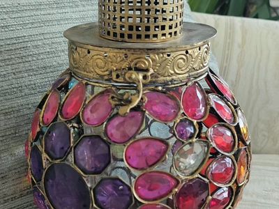 Decorative Jewel-Studded Metal Lantern - Multicolored Gemstone Accent
12"Tx8"W
