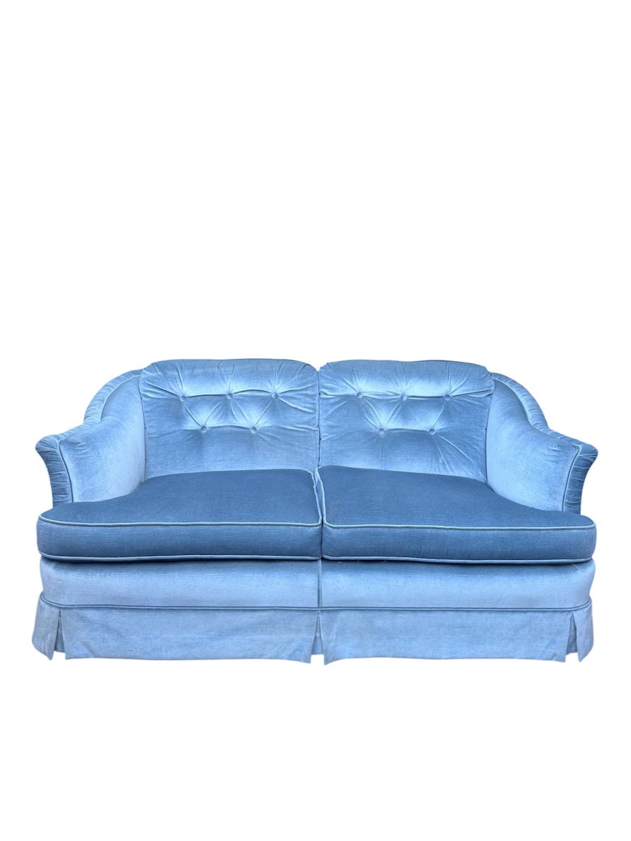 Vintage Icy Blue Button Tufted 2-Seater Loveseat Sofa w/Pleated Skirt & Ruched Winged Frame