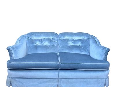 Vintage Icy Blue Button Tufted 2-Seater Loveseat Sofa w/Pleated Skirt & Ruched Winged Frame