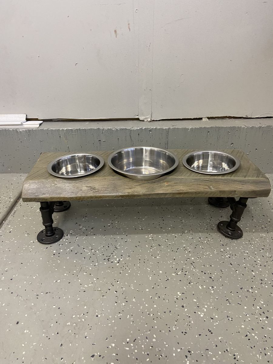Pet - Handmade Elevated Dog Bowl Stand – Rustic Wood & Industrial Pipe Legs | 3 Bowls Included