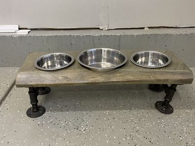 Pet - Handmade Elevated Dog Bowl Stand – Rustic Wood & Industrial Pipe Legs | 3 Bowls Included