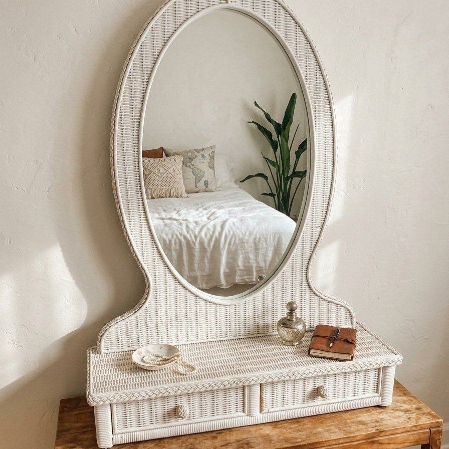 Vintage White Wicker Vanity Top Mirror