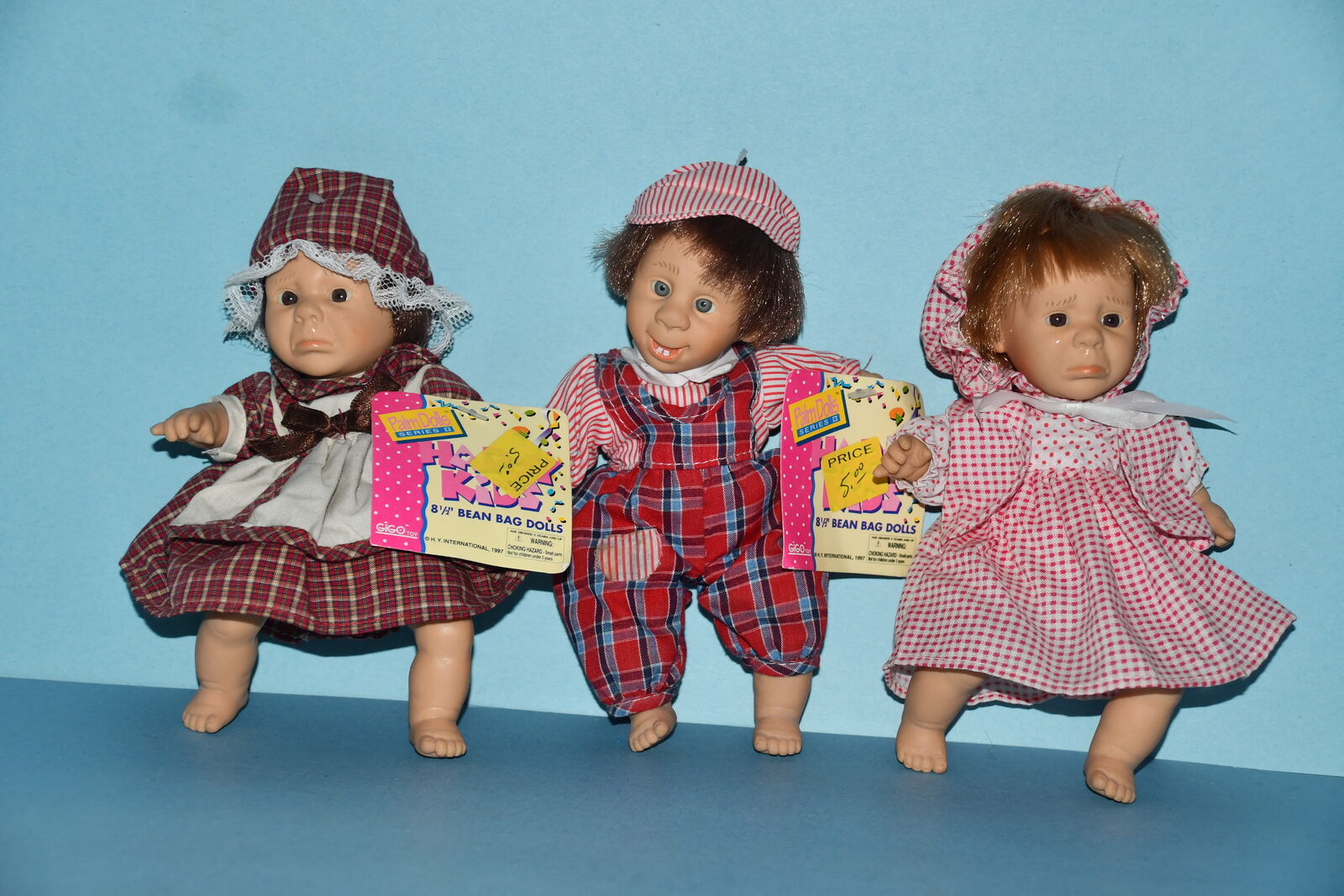 3 Palm Dolls Beanie Happy Kids 8" Bean Bag Dolls Gigo toy.