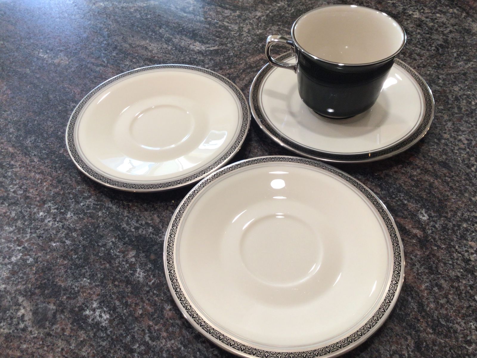FRANCISCAN Indigo cup/saucer + 2 saucers vntg black platinum intricate design