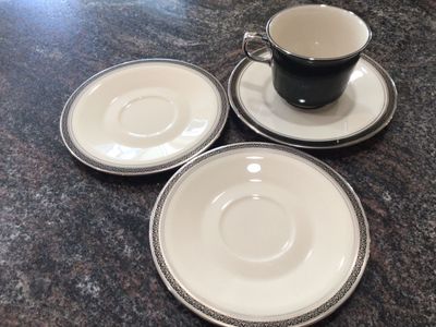 FRANCISCAN Indigo cup/saucer + 2 saucers vntg black platinum intricate design
