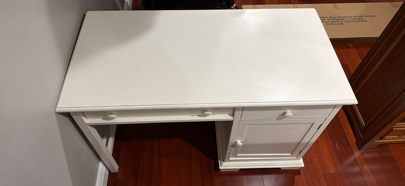 White Wooden Office Desk with Cabinet and Drawer Storage