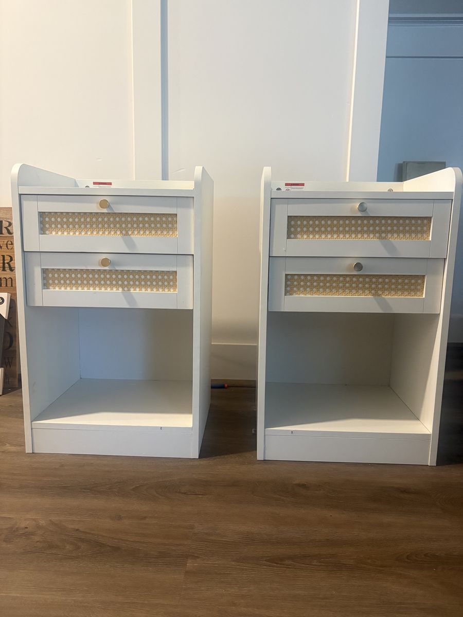 Set of 2 White Nightstands with Rattan Drawers and Gold Knobs