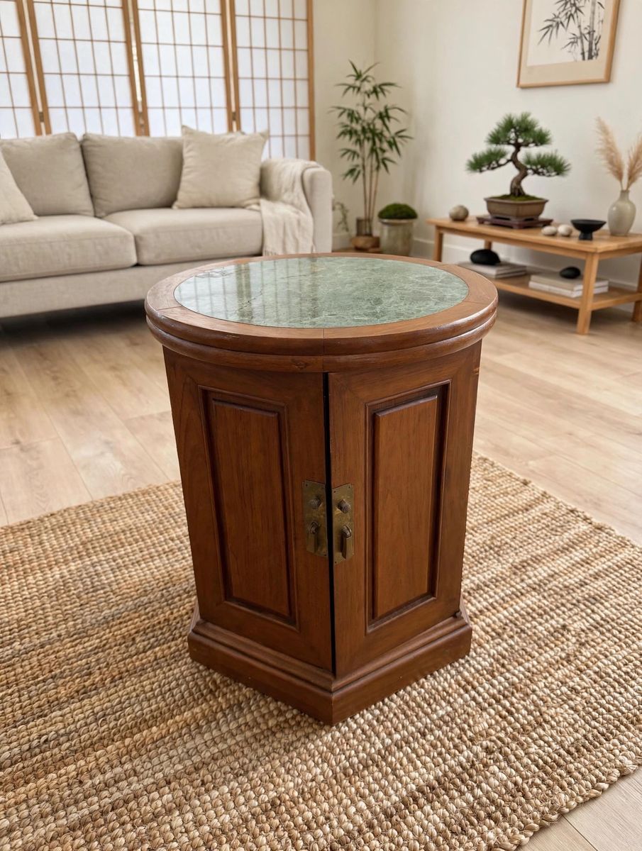 2 Vintage Octagonal solid TeakWood Side Table with Green Marble Top - Unique Storage Accent Furniture