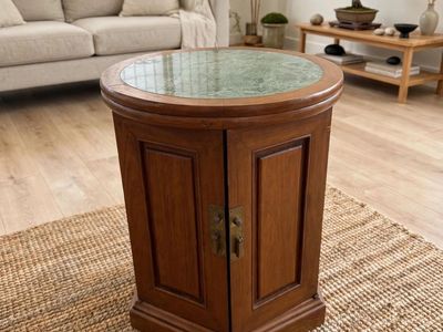 2 Vintage Octagonal solid TeakWood Side Table with Green Marble Top - Unique Storage Accent Furniture
