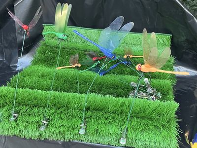 Colorful Garden Dragonfly Decor Set - 11 Bright Outdoor Stakes/Clips for Planters & Patios and 4 ft grass mat