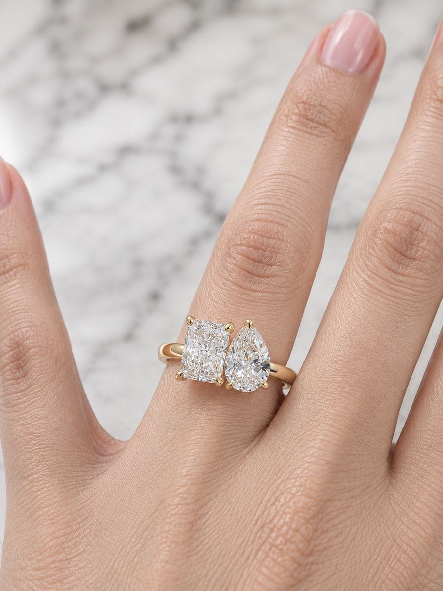 18K Yellow Gold Pear & Radiant Moi et Toi Ring | 2.66 CTW Lab Diamonds | E Color VVS Size size 5.75