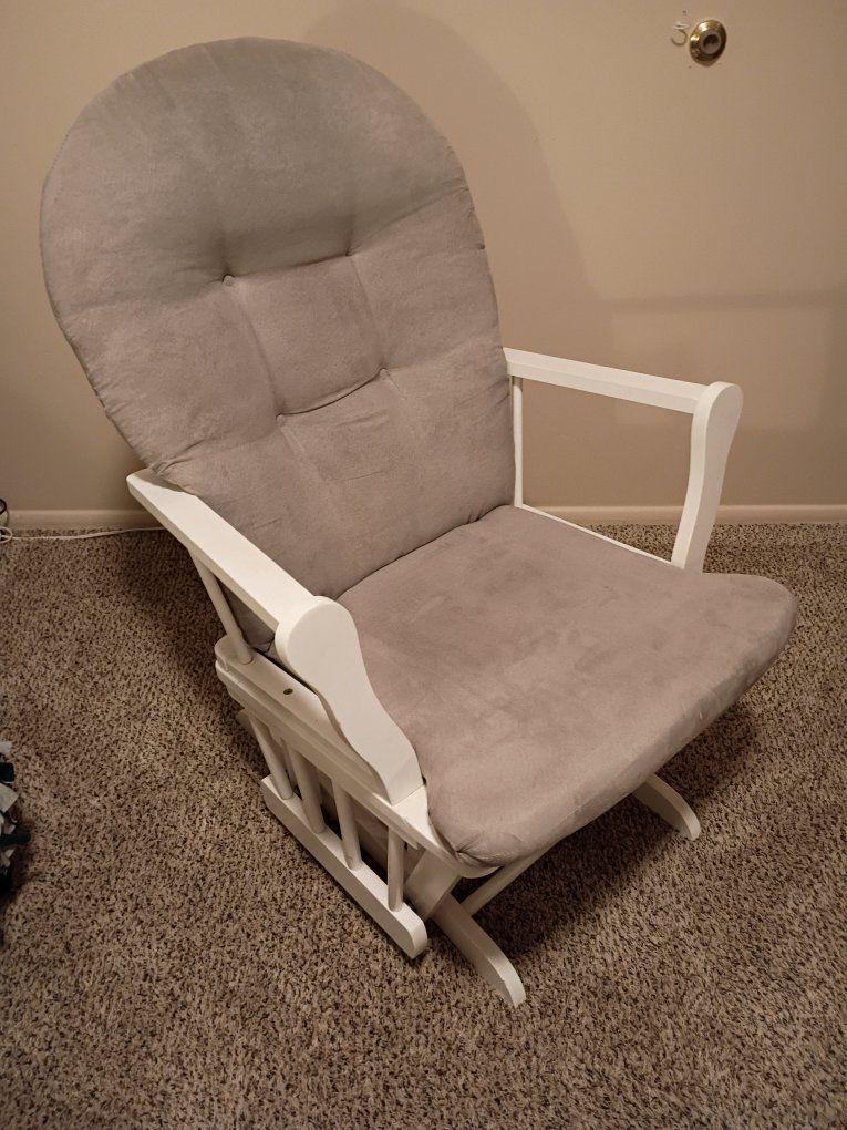 White Glider Rocker & Ottoman Set - Beige Upholstery - Nursery/Living Room Comfort