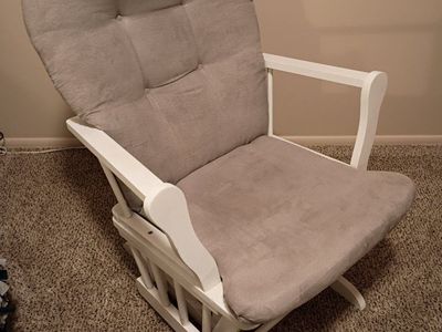 White Glider Rocker & Ottoman Set - Beige Upholstery - Nursery/Living Room Comfort