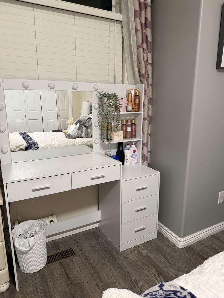 White Vanity Makeup Dressing Table with Lighted Mirror and Storage Drawers