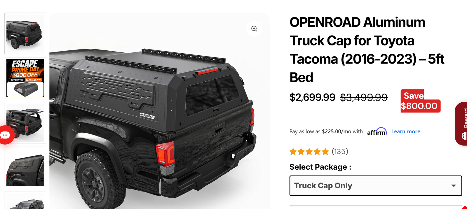 Open Road Truck Cap and Roof Tent for 2016-2023 Toyota Tacoma 5ft bed
