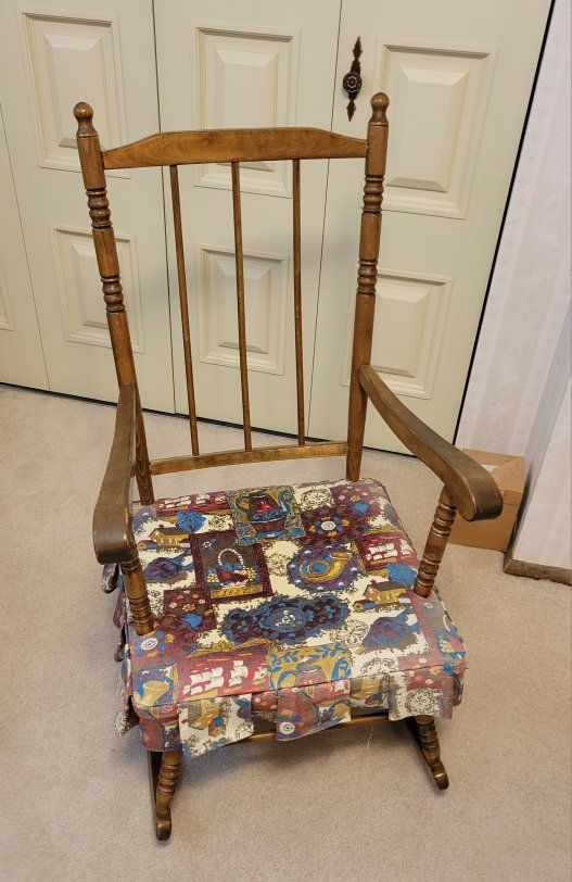 Vintage 70s Wooden Spindle Back Rocking Chair with Colorful Patterned Cushion