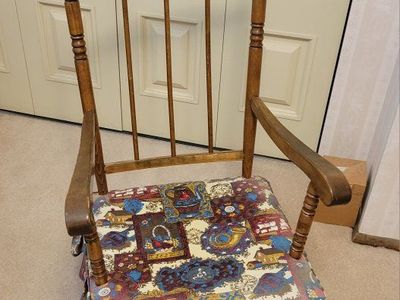 Vintage 70s Wooden Spindle Back Rocking Chair with Colorful Patterned Cushion